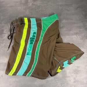 Katin Board Shorts Mens 34 Brown Green Striped Surf Swim Trunks Logo Graphic